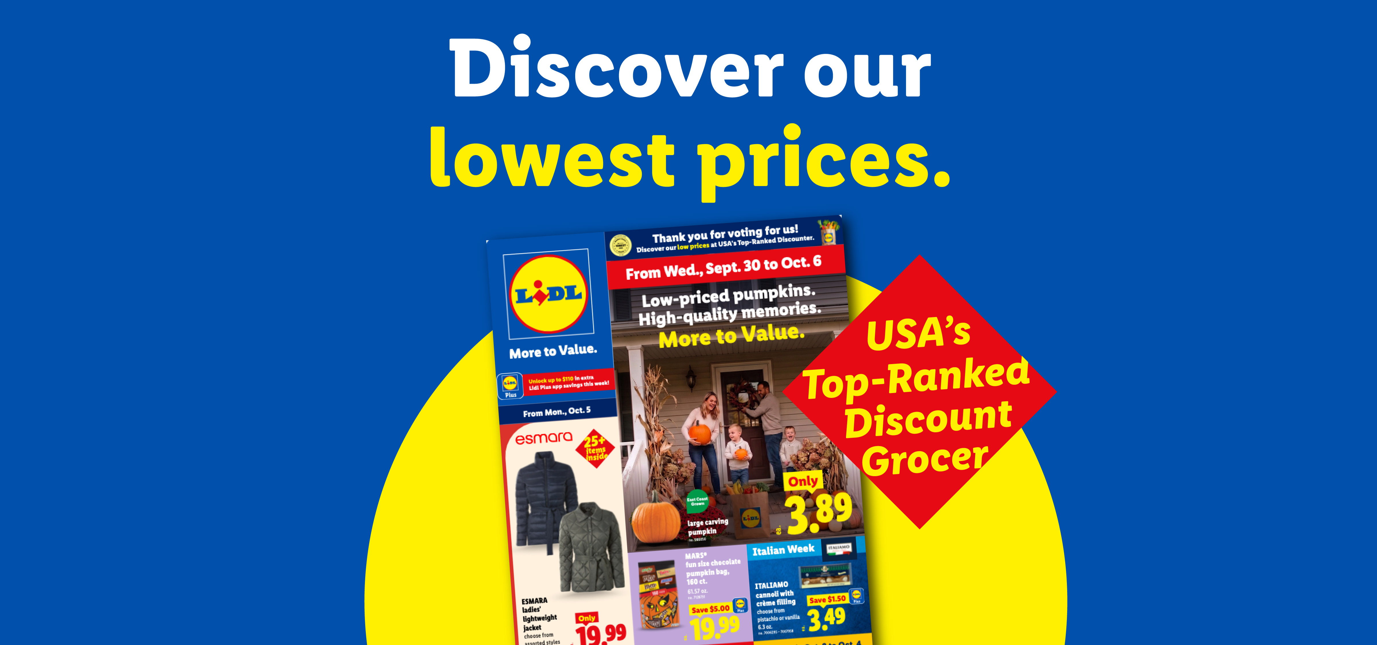 Weekly grocery flyer featuring pumpkins, autumn clothing, and discount offers on a blue background.