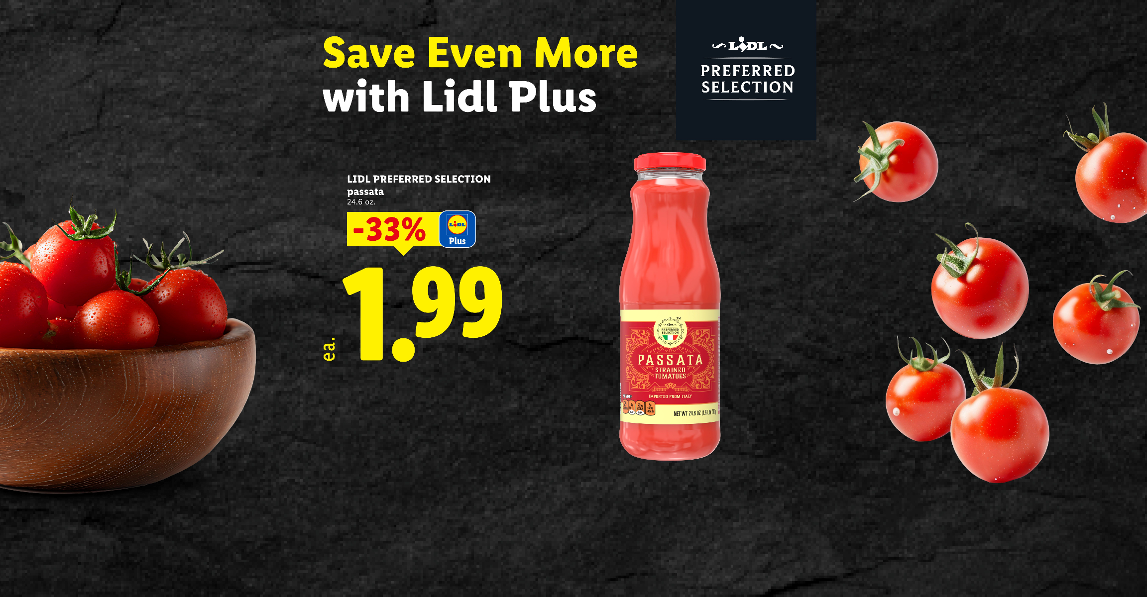 Strained tomatoes passata for 1.99 with discount, on a dark background with fresh tomatoes